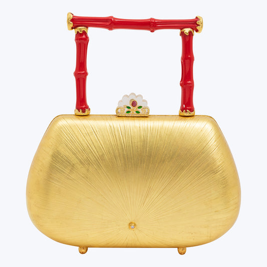 Golden Rice Marquetry Handbag with Red Lacquered Bamboo Handle