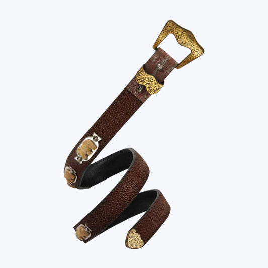 Brown Galuchat Belt with Wooden Carved Elephant