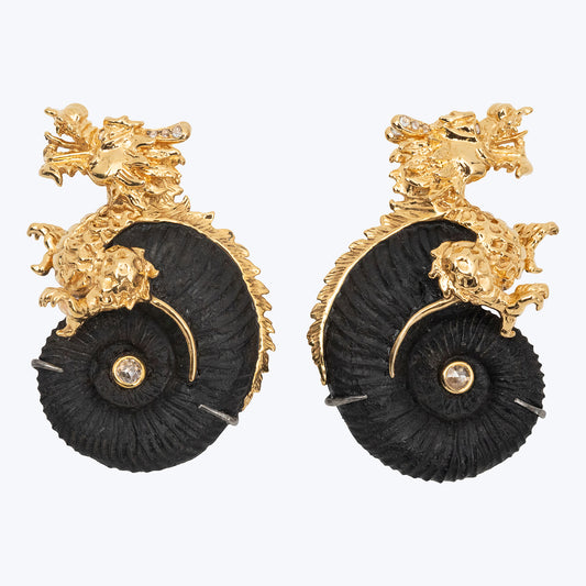 Dragon earring with fossil, diamond in 18K gold and silver