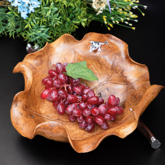 Carved Teak Wood Leaf Bowl with Silver Frog