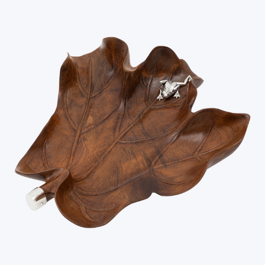 Carved Leaf Teak Bowl with Silver Frog