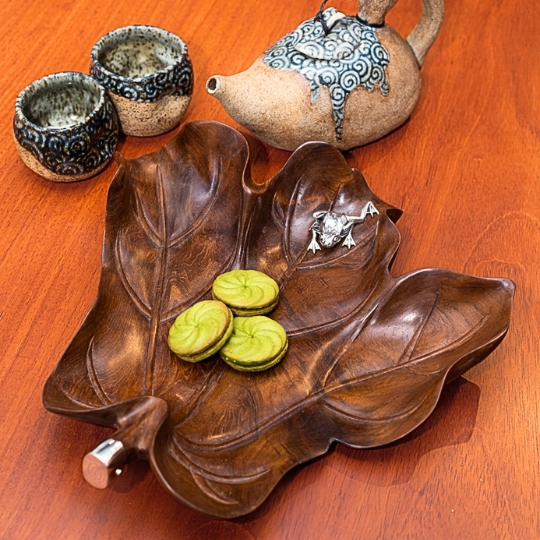 Carved Leaf Teak Bowl with Silver Frog