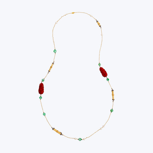 Red Lacquer Happy Monk Necklace with Jade, Bamboo, and Diamond