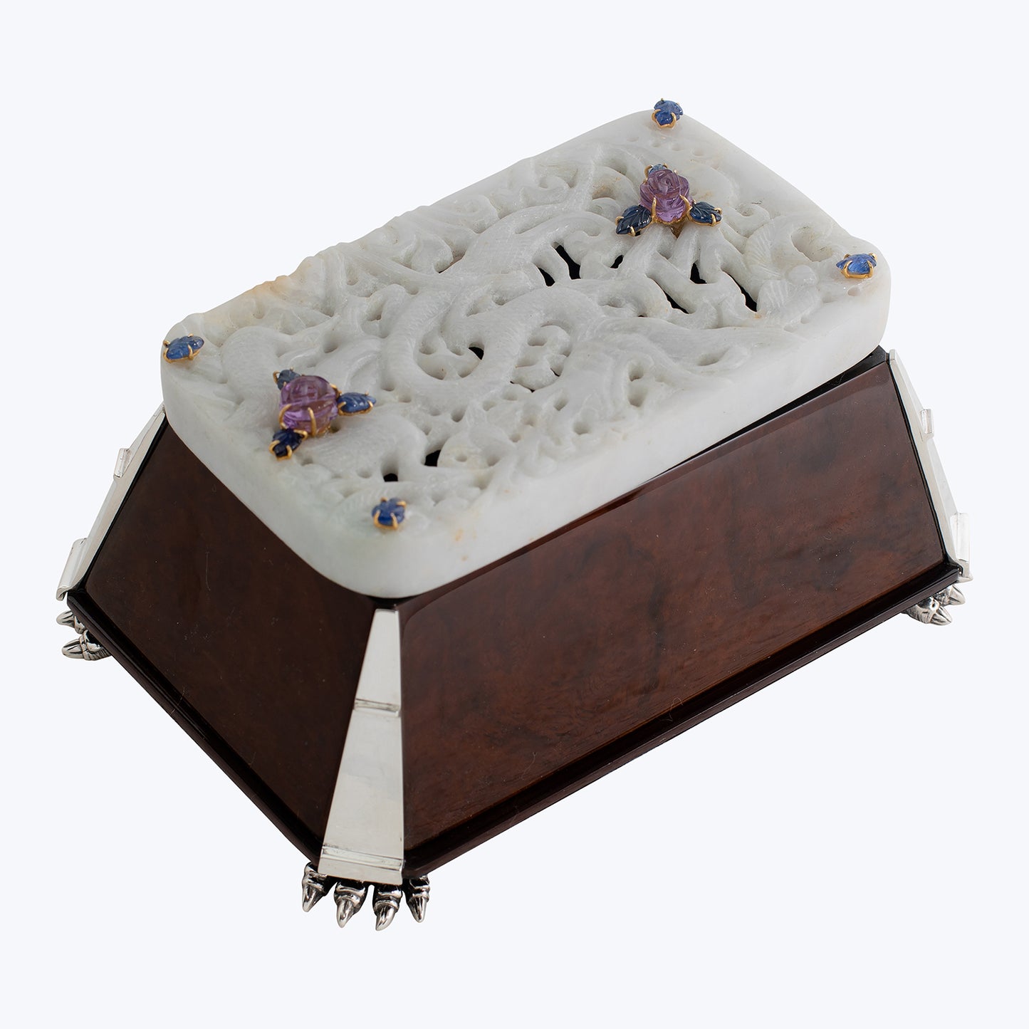 Jewelry Box with Carved Jade, Amethyst and Blue Sapphire
