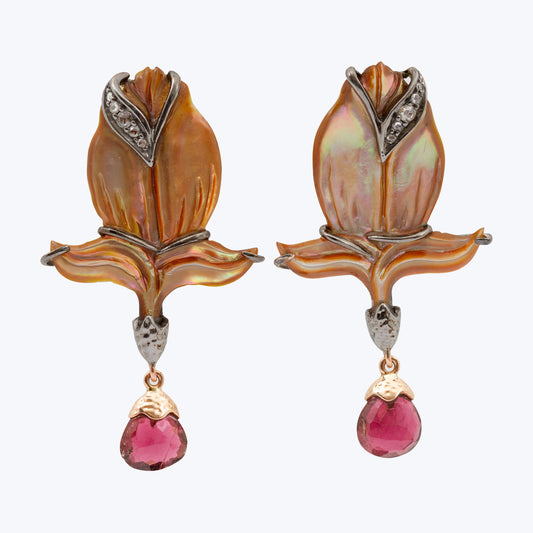 Carved Shell Earrings with Pink Tourmaline, Diamond