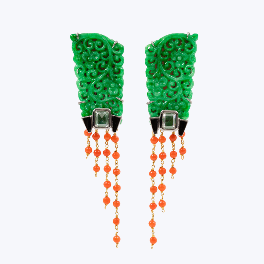 Jade Earrings with Diamond and Red Stone