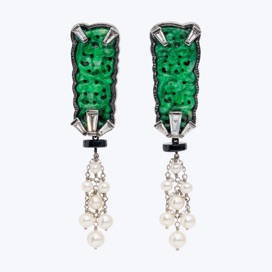 Pearl Earrings with Jade,Diamond and Black Agate