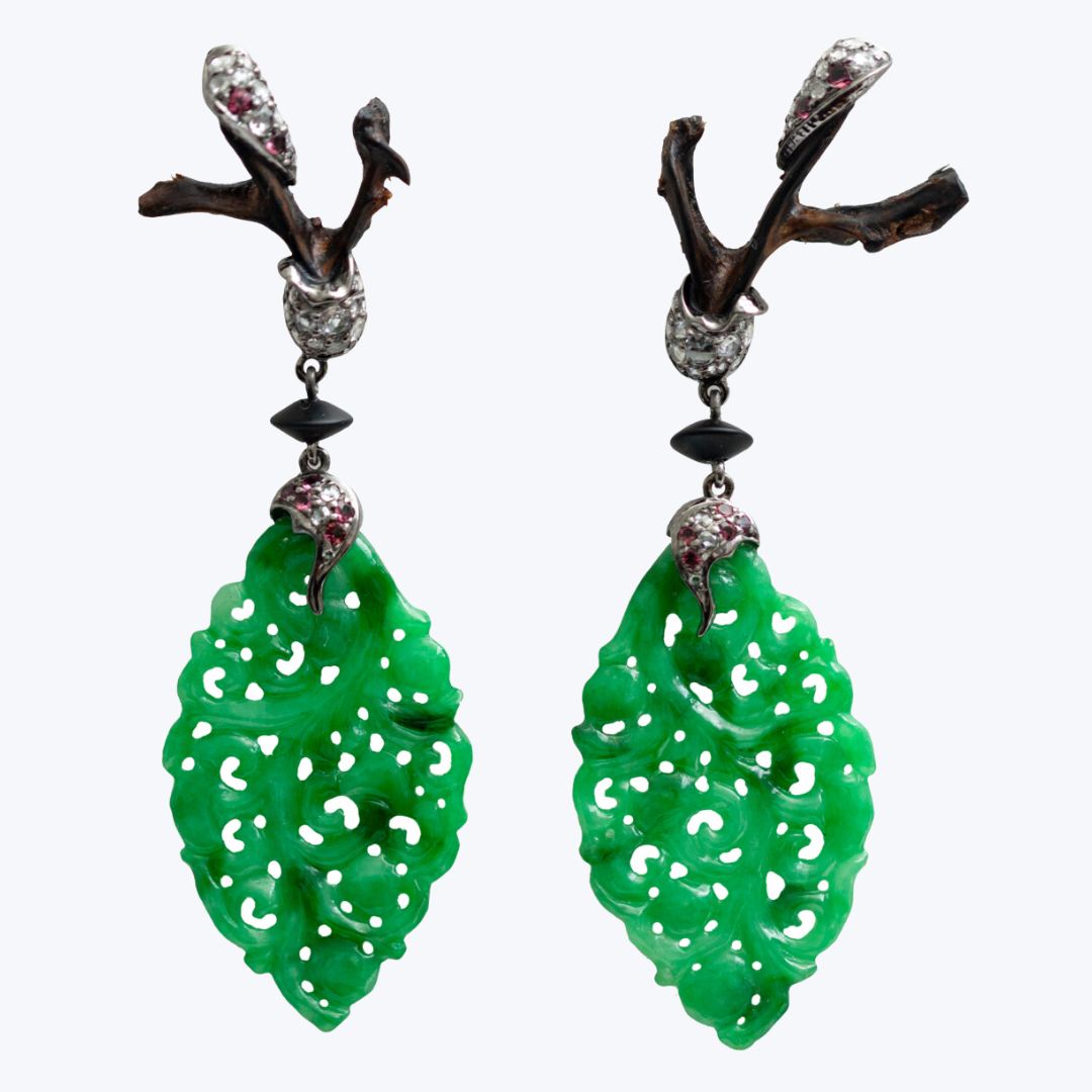 Jade Earrings with Polished Black Wood, Diamond and Pink Tourmaline