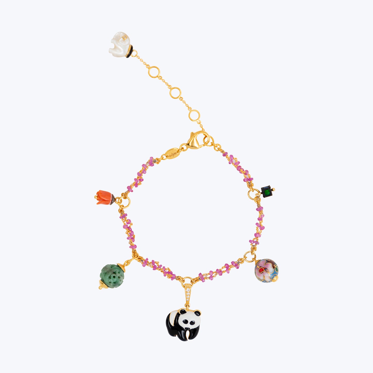 Charm Bracelet with Elephant, Scarab, Cloisonne, Jade, Red Stone and Ruby bead
