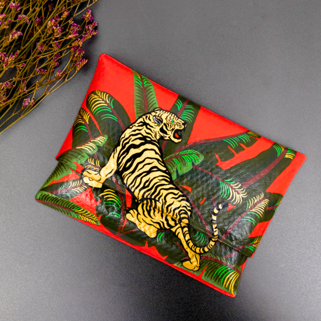 Bamboo Clutch with Hand-Painted Preying Tiger and Tsavorite