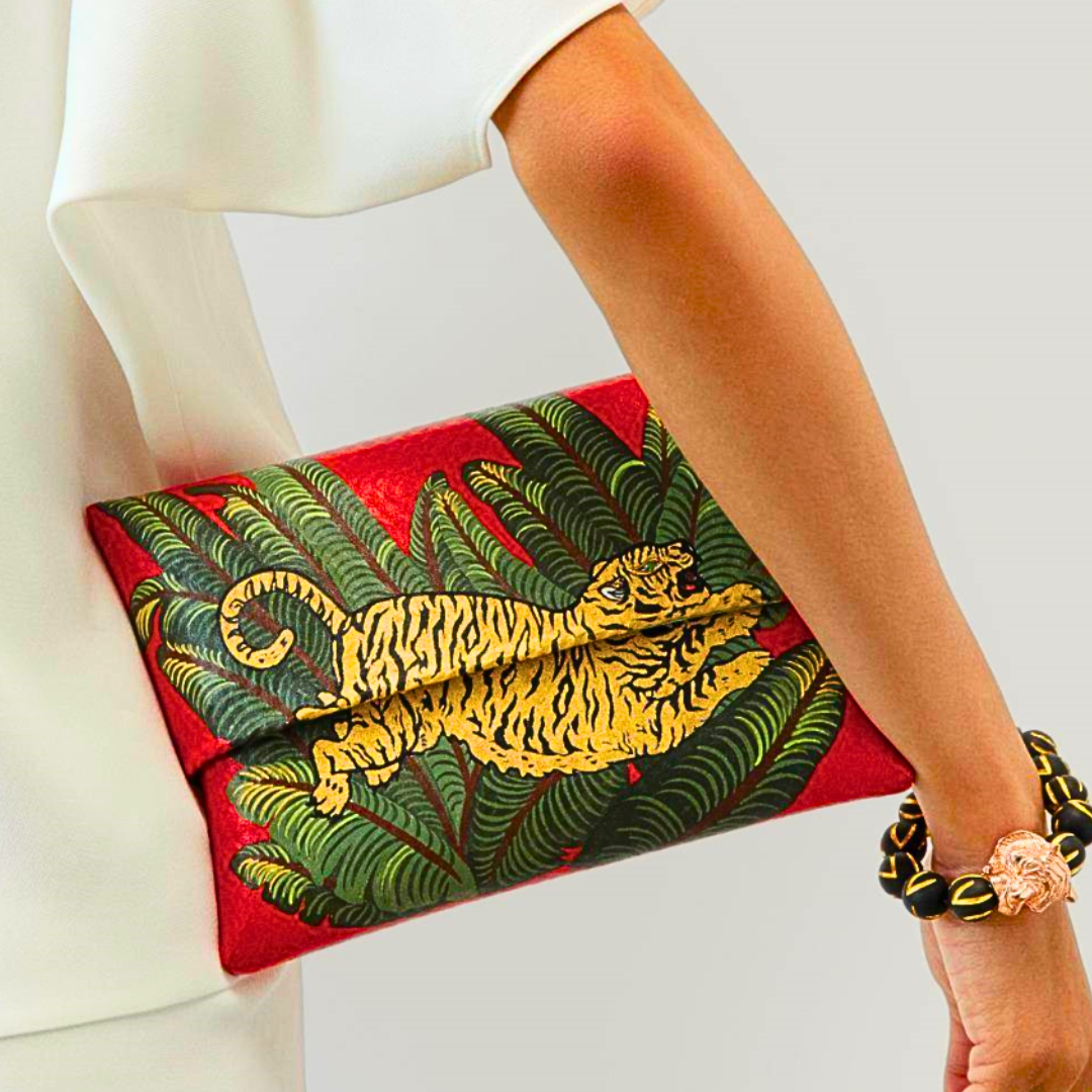 Bamboo Clutch with Hand-Painted Preying Tiger and Tsavorite
