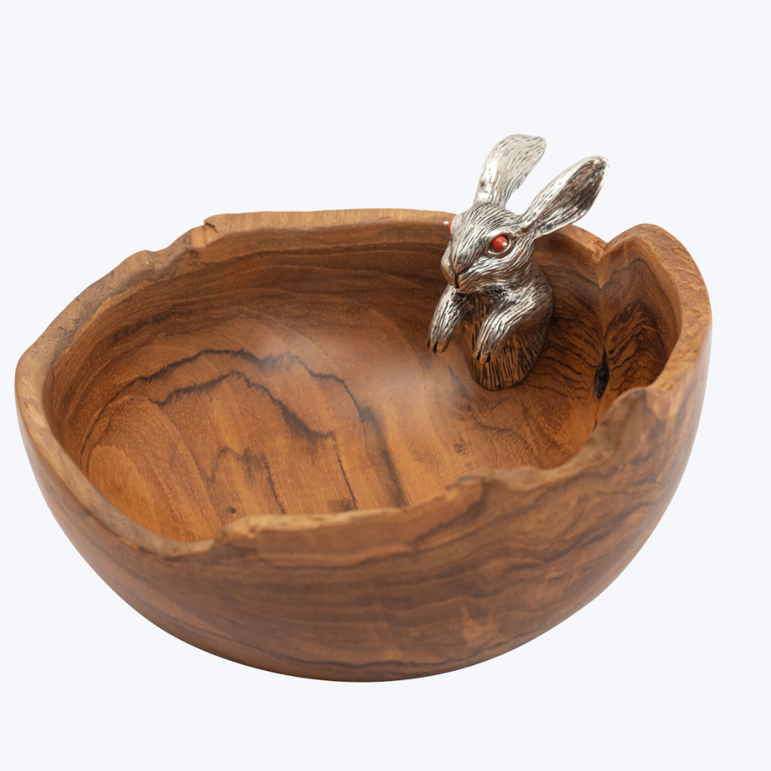Teak Wood Bowl with Silver Rabbit