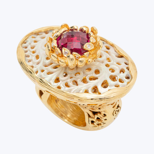 Golden Carved Shell Ring in Rubelite and Diamond Floral Bloom