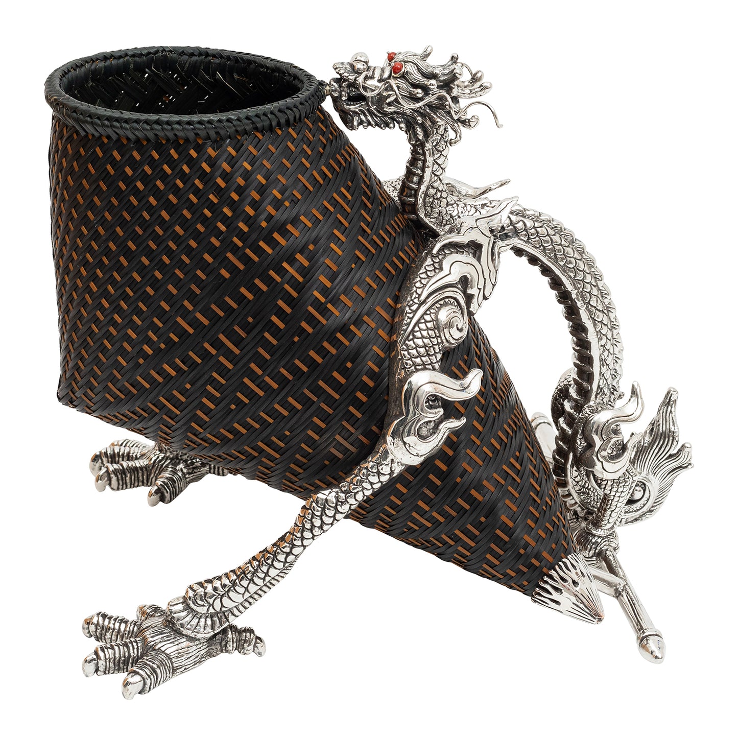 Rattan Wine Basket with Sterling Silver Dragon