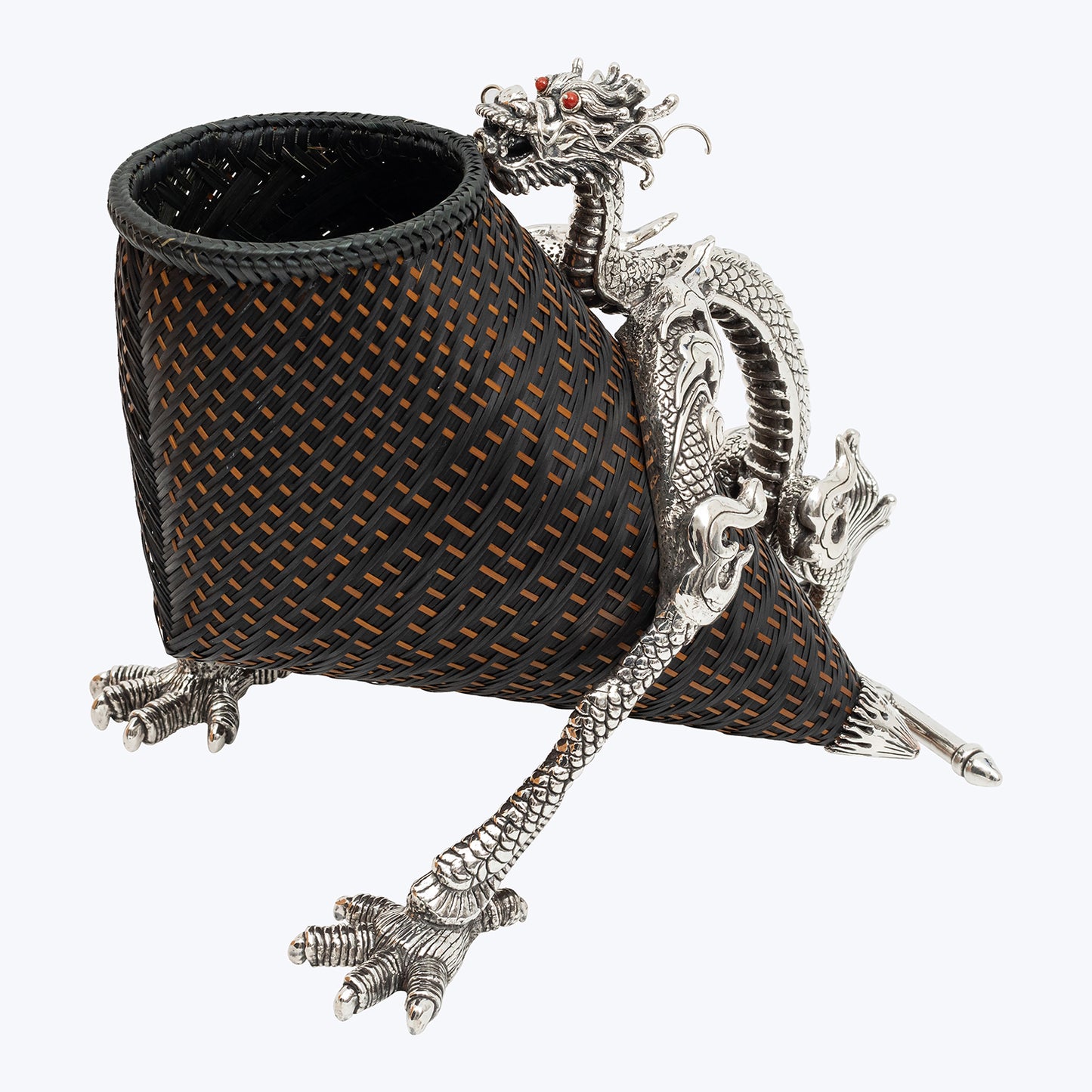 Rattan Wine Basket with Sterling Silver Dragon