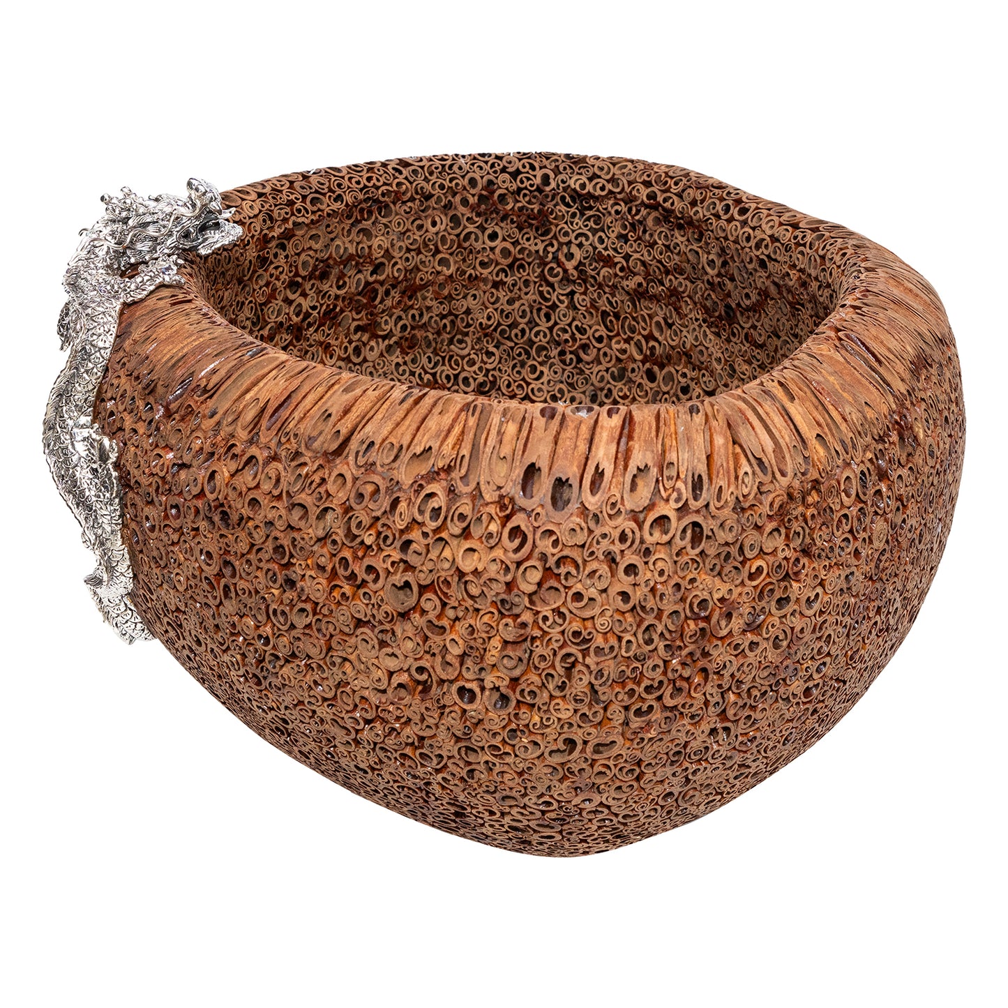 Cinnamon Bowl with Swirling Silver Dragon #S