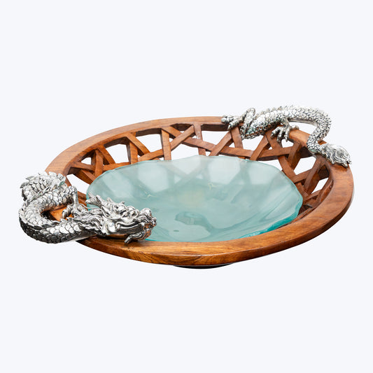 Woven Wood Bowl with Silver Water Dragon
