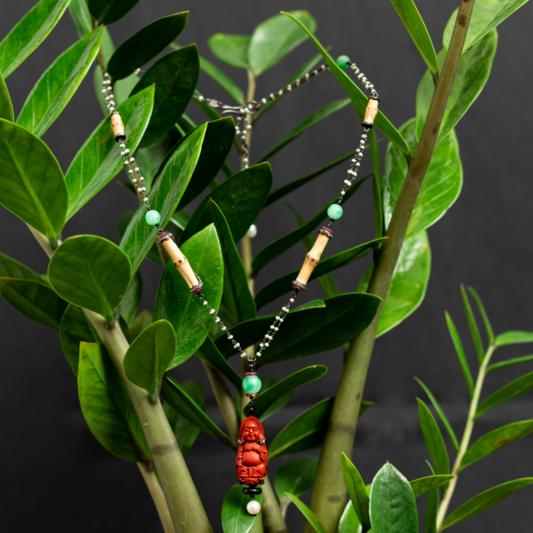 Red Lacquer Happy Monk Necklace with Jade & Bamboo