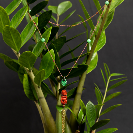Red Lacquer Happy Monk Necklace with Jade & Ruby