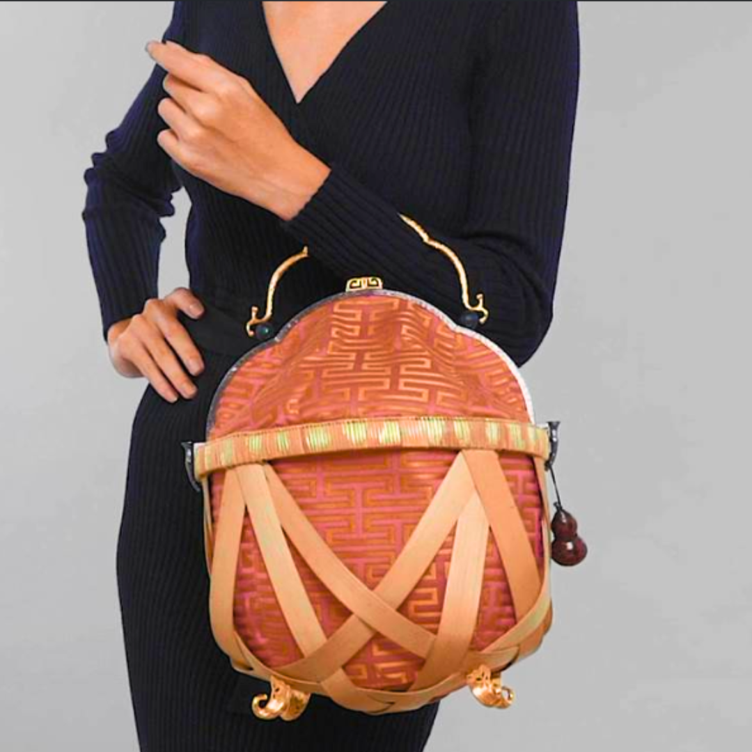 Bamboo Basket Handbag with Scarab, Diamond and Gourd
