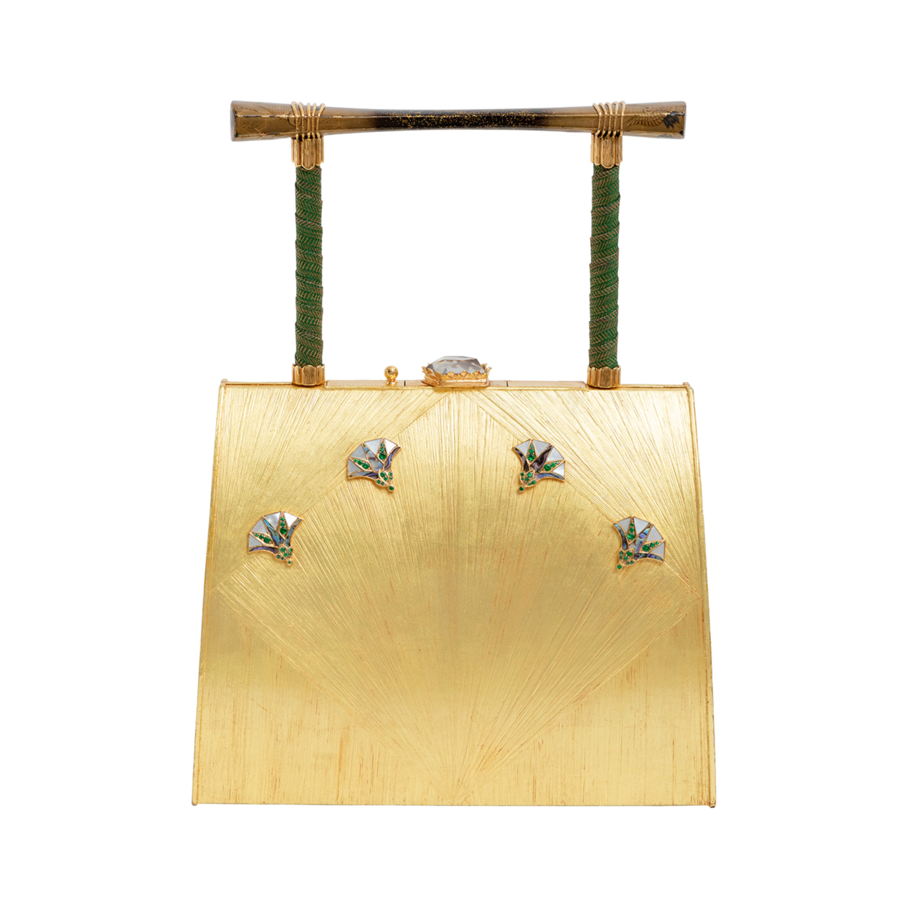 Golden Rice Marquetry Handbag with Shell & Tsavorite Egyptian Lotus Flower