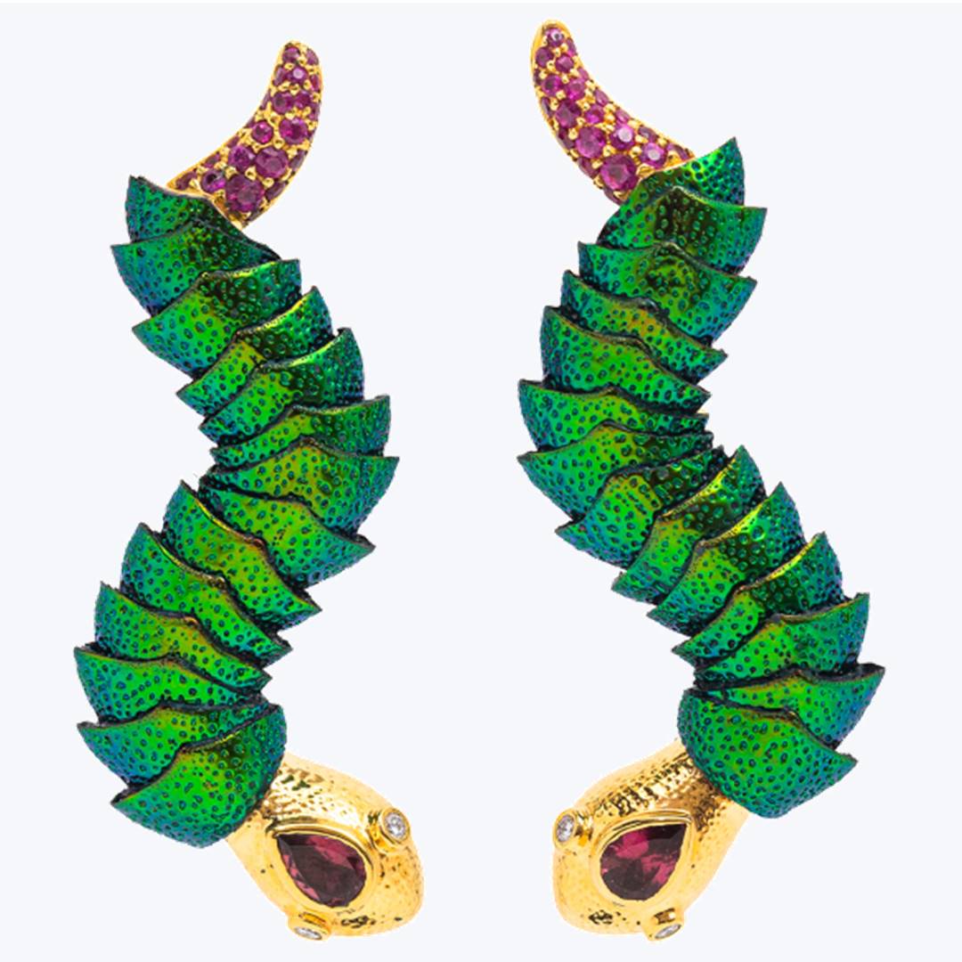 Snake Earrings with Scarab Decorated with Citrines, Rubies and Diamonds