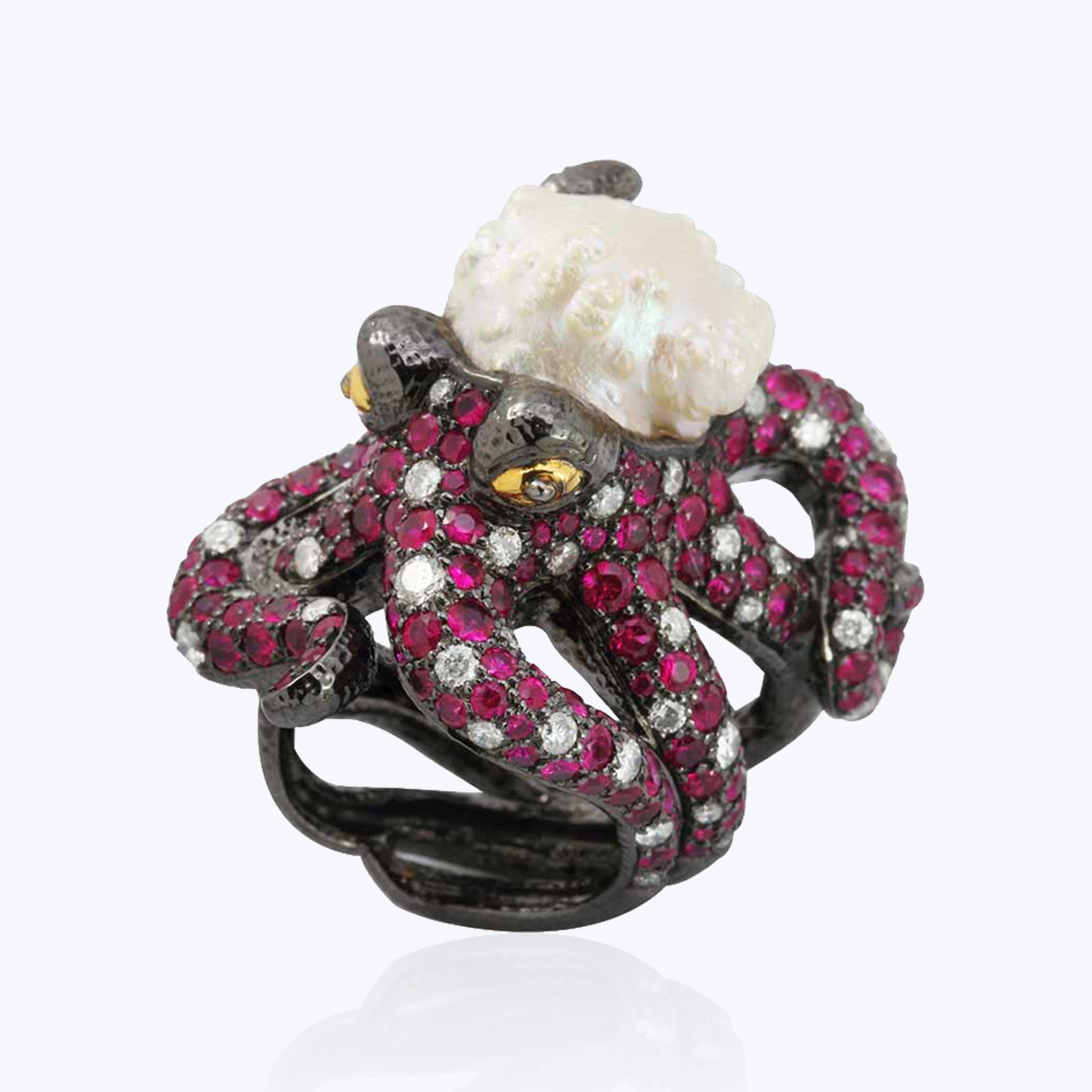 Octopus ring with rosebud Pearl, Ruby & Diamond