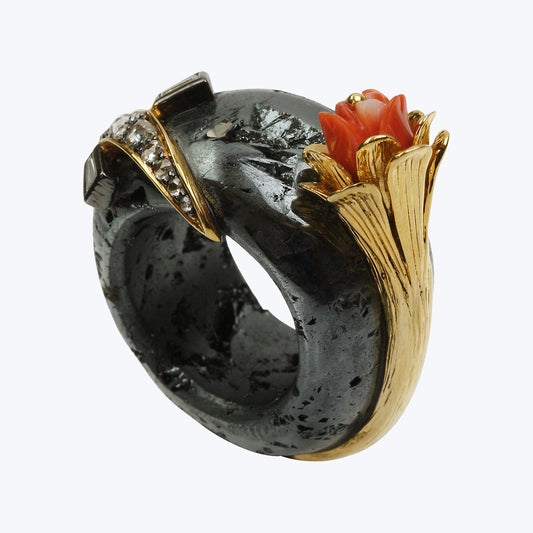 Hematite Ring with Red Stone and Diamonds