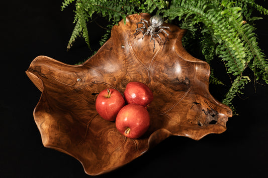 Carved Teak Wood Leaf Bowl with Silver Spider