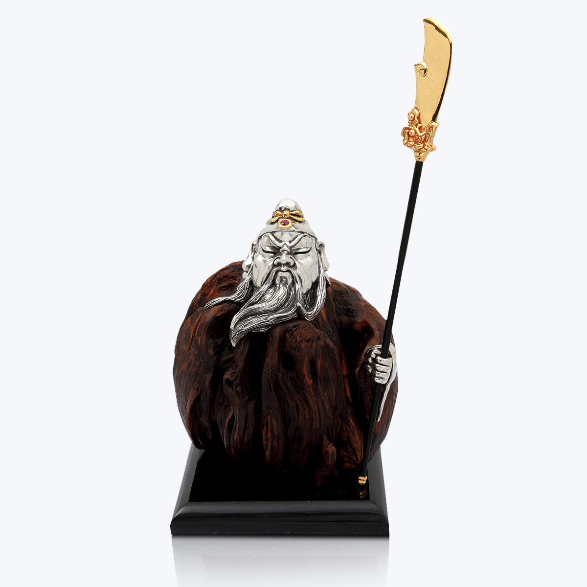 Wooden Guan Yu with Silver and Red stone