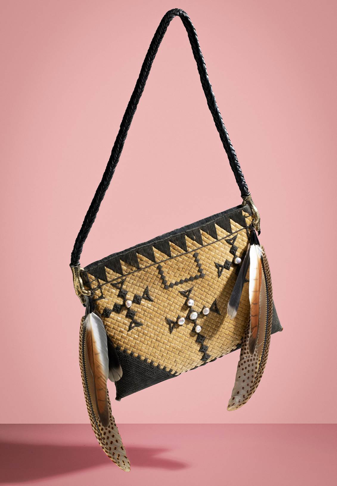 Indonesian Tribal Woven Handbag with Pearl and Feather