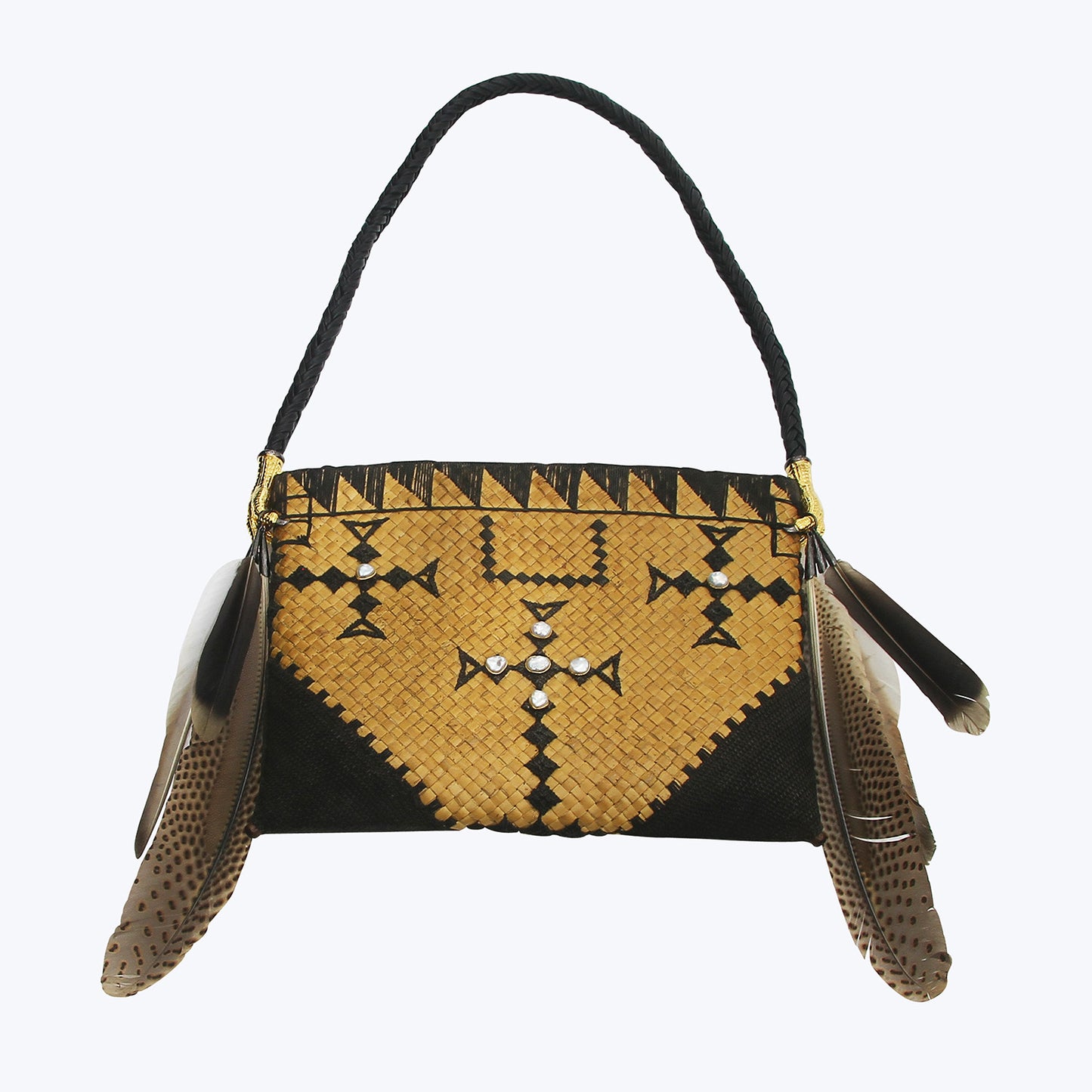 Indonesian Tribal Woven Handbag with Pearl and Feather