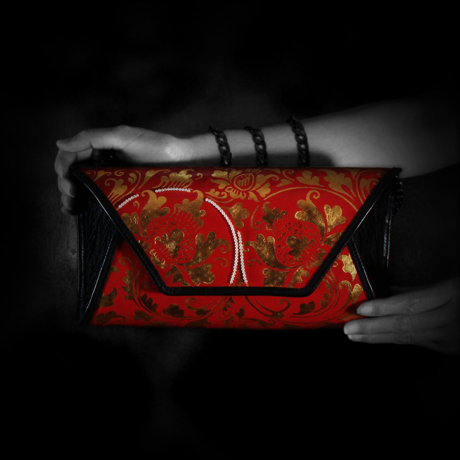 Red and Gold painted handbag with Pearls