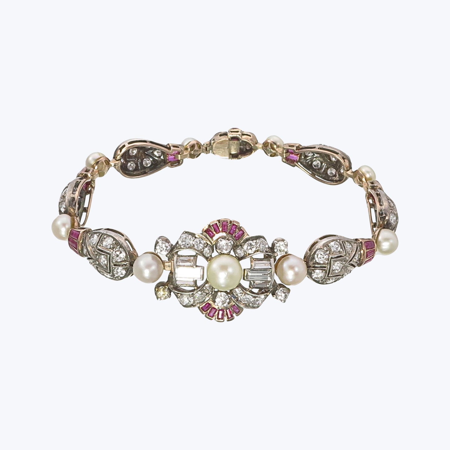 Art Deco Diamond, Burmese Ruby and Basra Pearl Bracelet