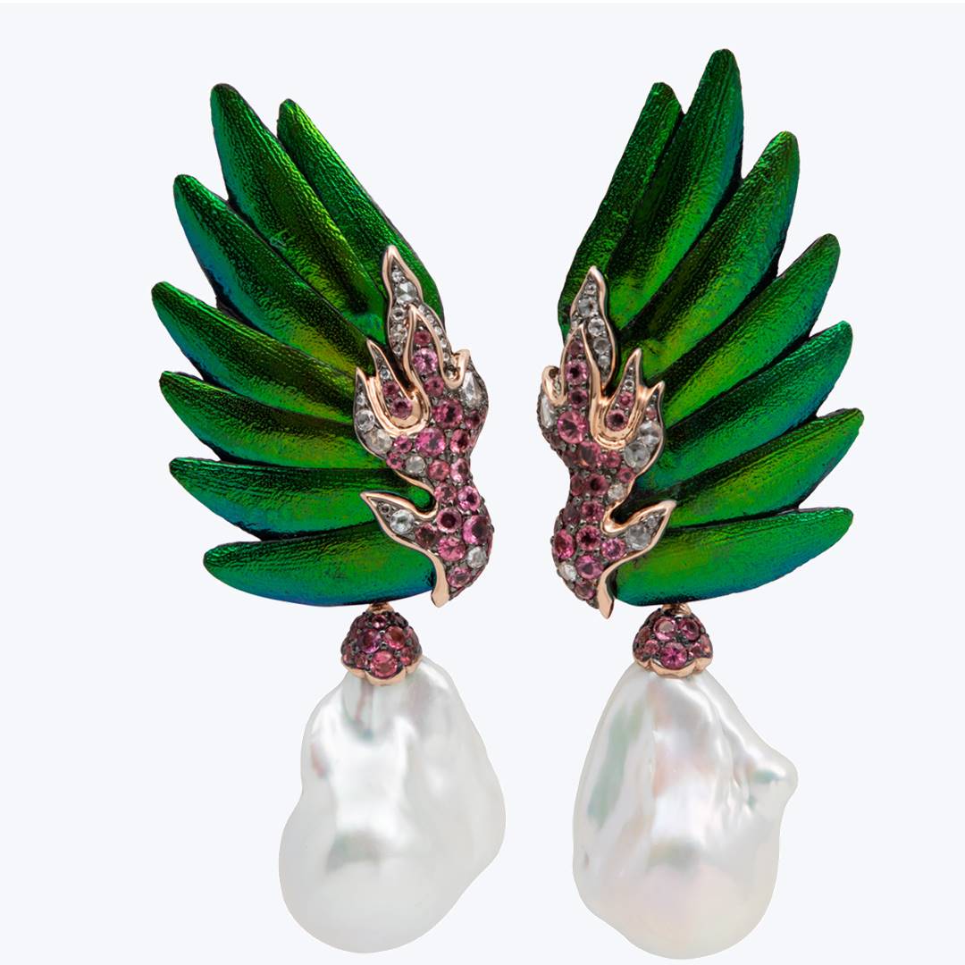 Scarab Earrings with Pearl & Pink Tourmaline
