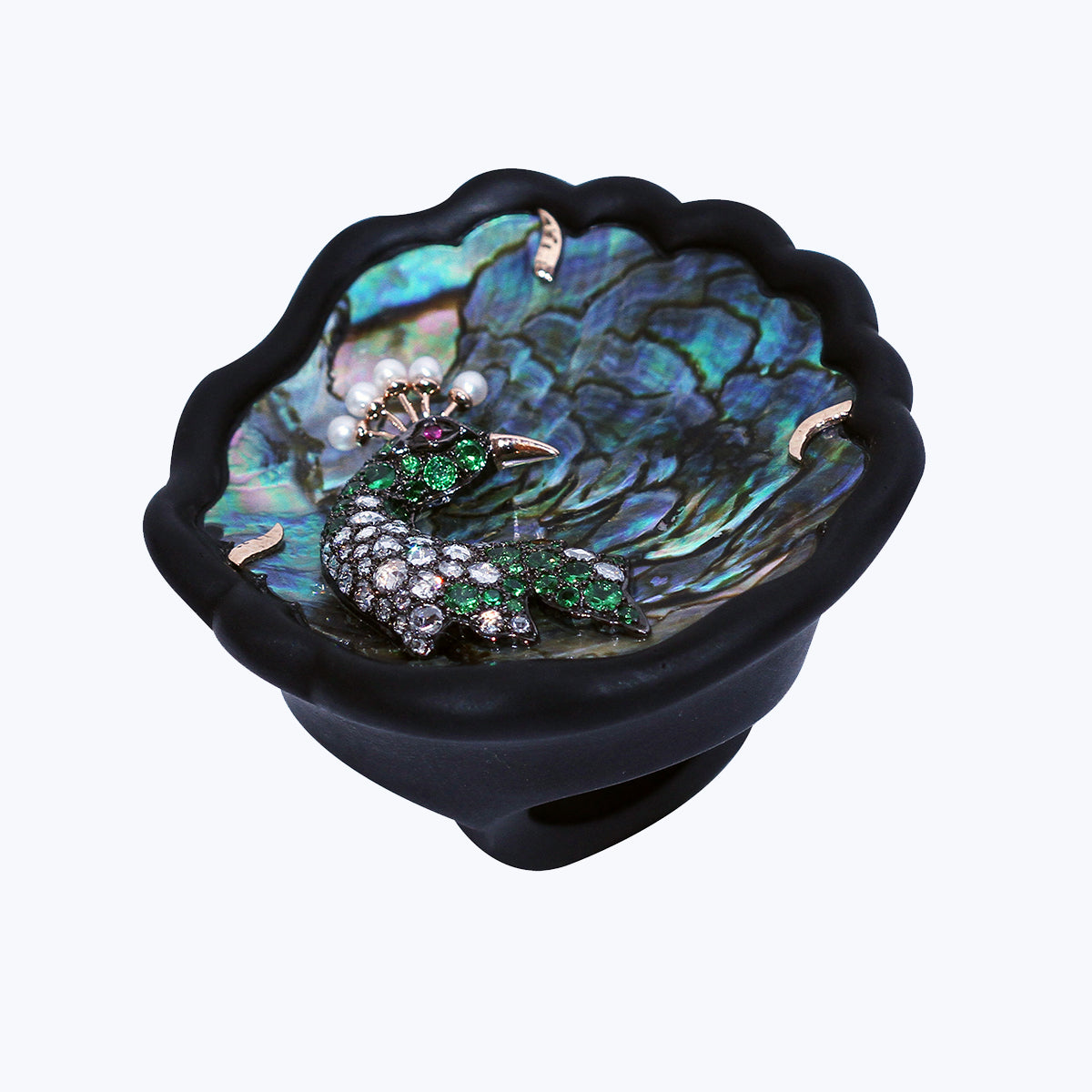 Black wood Ring with Abalone Shell Peacock & Diamond