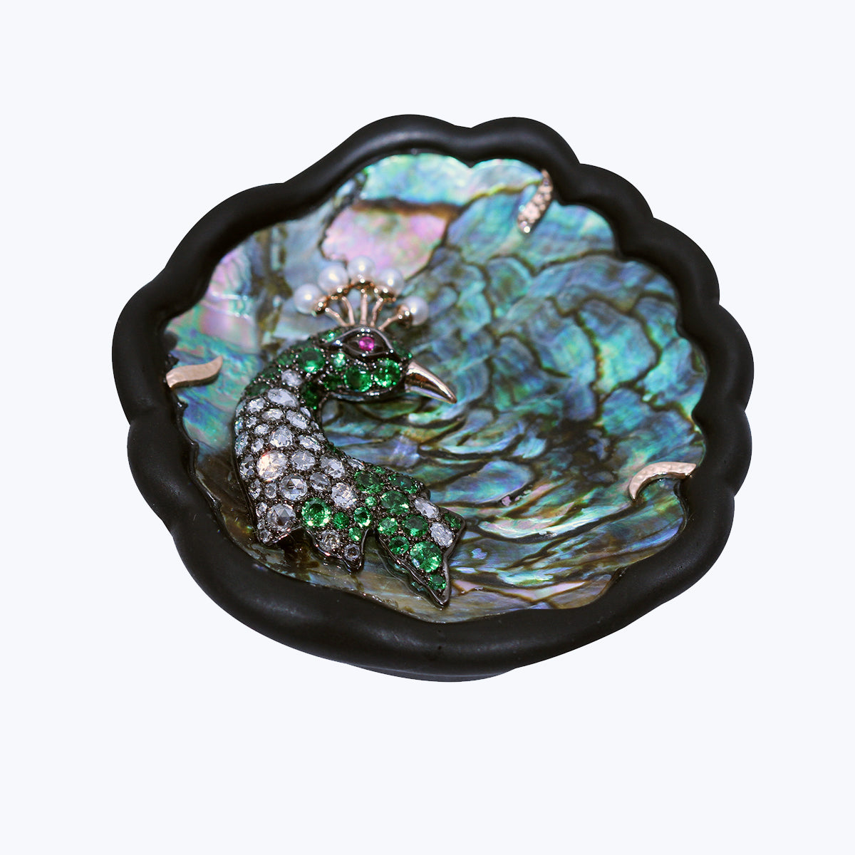 Black wood Ring with Abalone Shell Peacock & Diamond