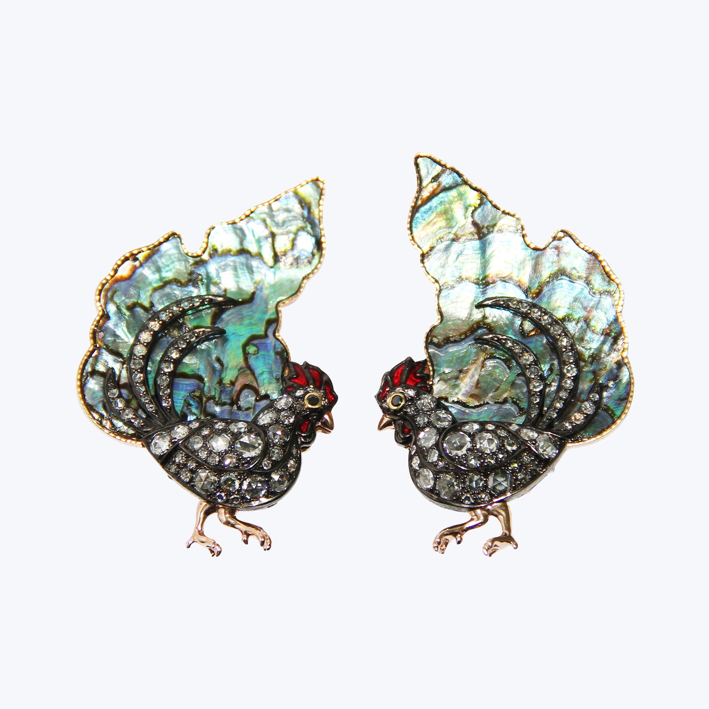 Chicken Earrings with Abalone Shell & Diamond