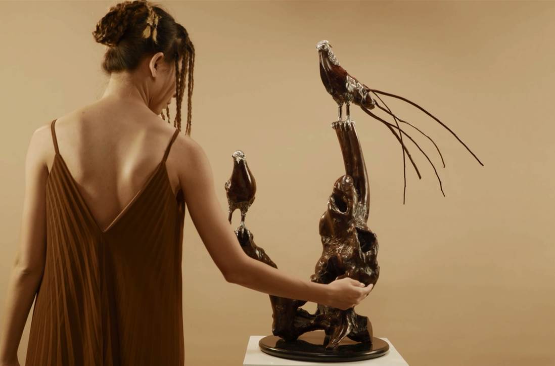 Keyaki Wood Pheasants Sculpture