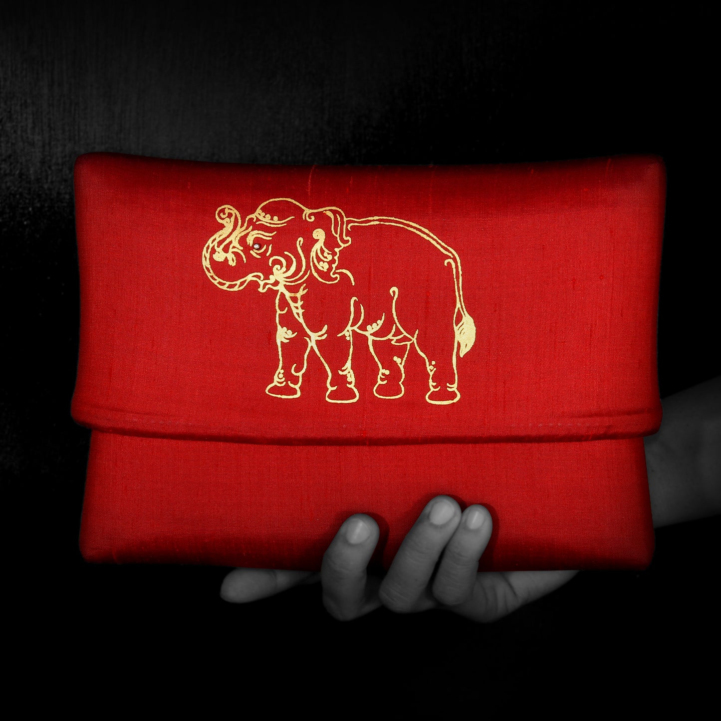 Red Rattan Handbag with Gold Painted Elephant