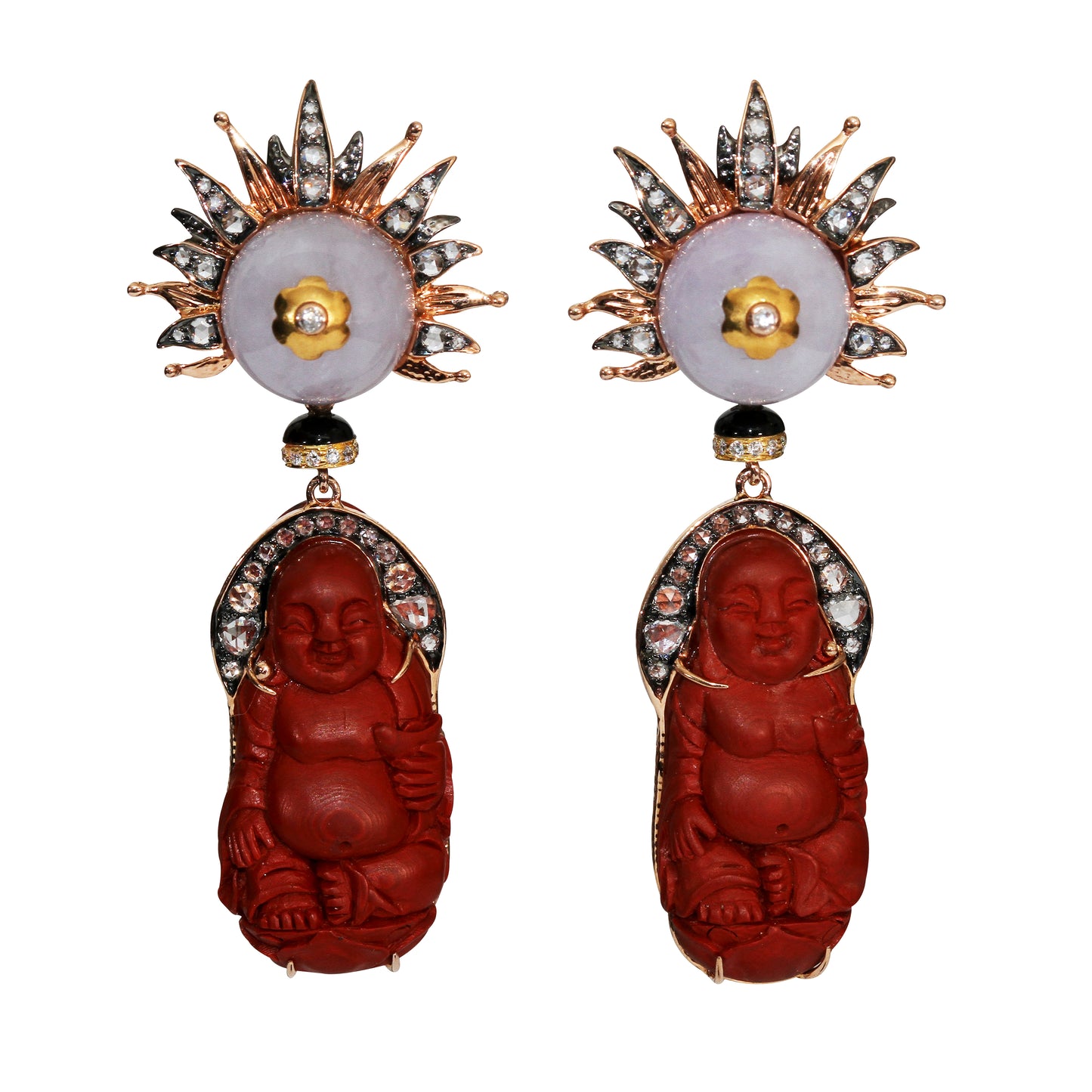 Red Lacquer Happy Monk Earrings with Lavender Jade & Diamonds