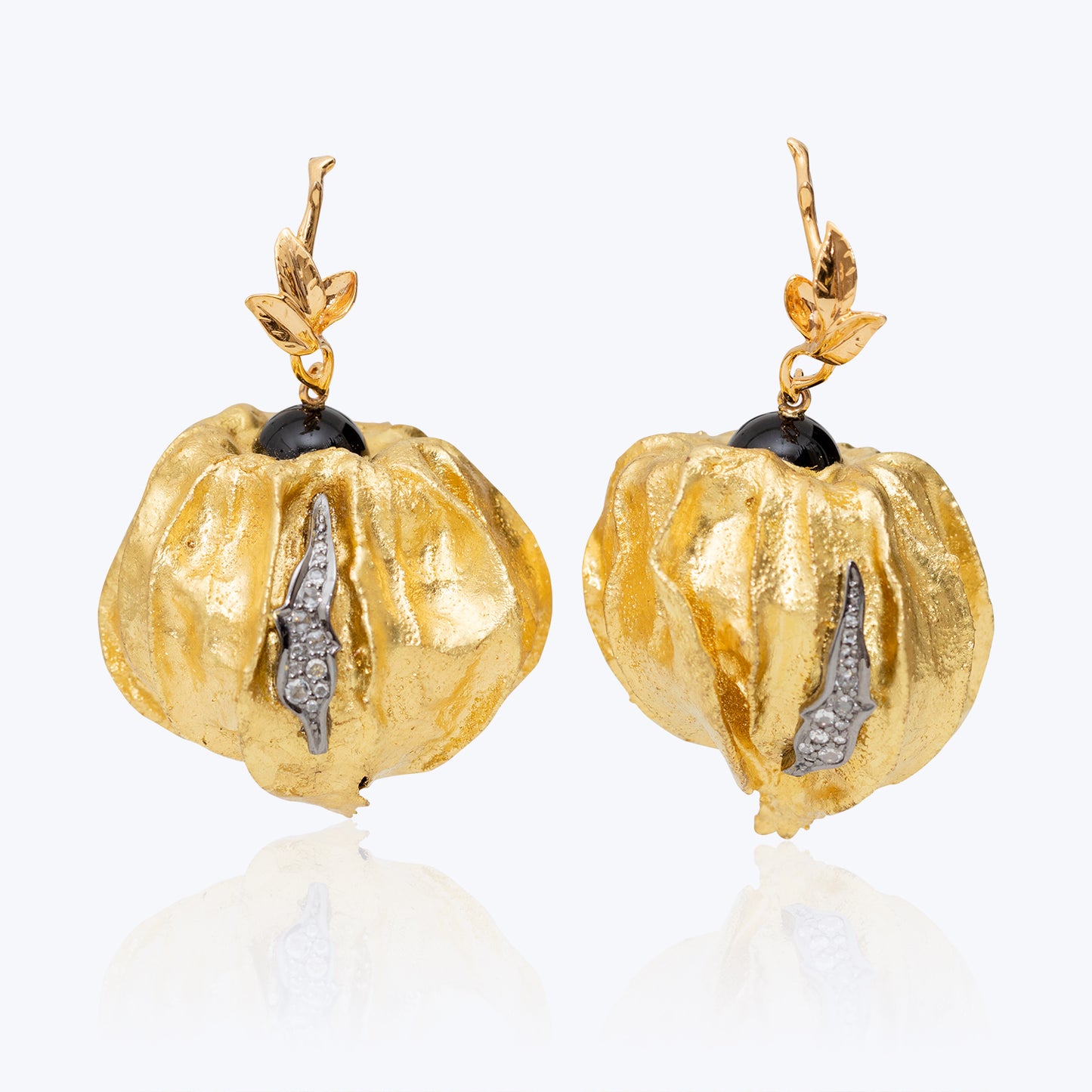 Cape Gooseberry Earrings with Diamonds & Black Agate