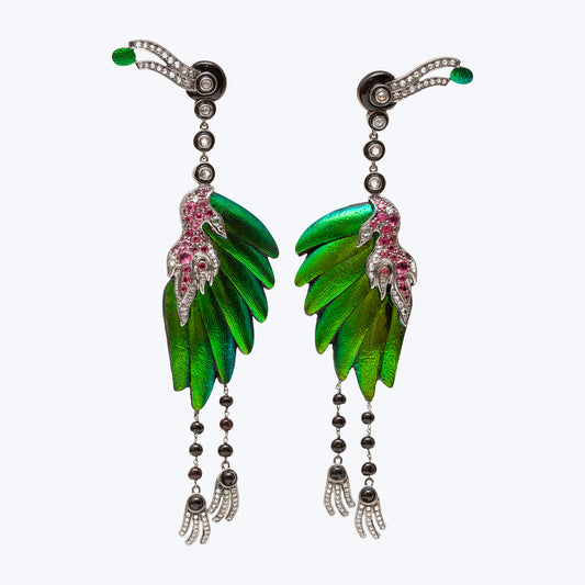 Flamingo Earrings with Scarab, Diamonds & Pink Tourmaline