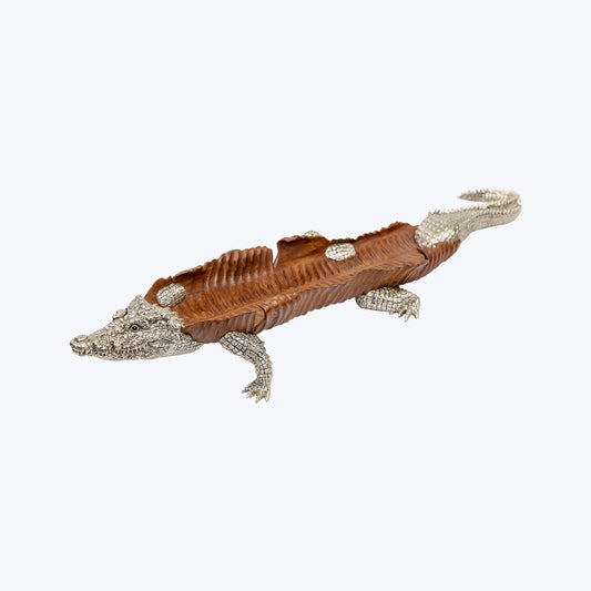 Teak wood Crocodile Sculpture with Silver