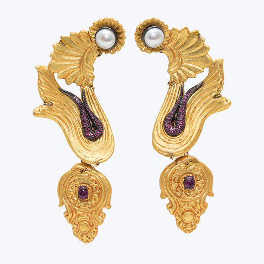 Carved Coconut Earrings with Pearl & Rubies