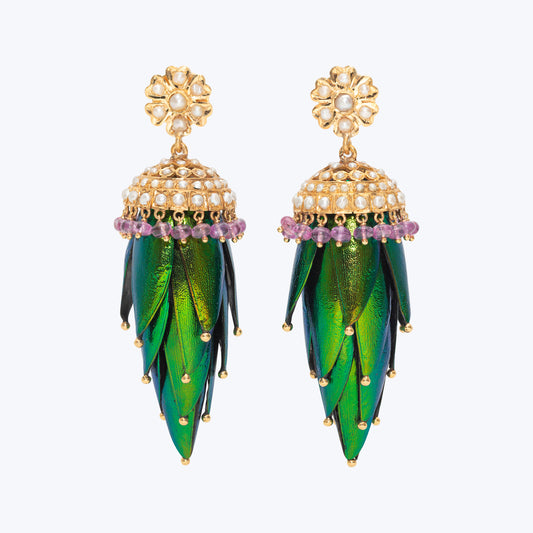 Scarab ‘Leaf’ Earrings with Pearl and Ruby