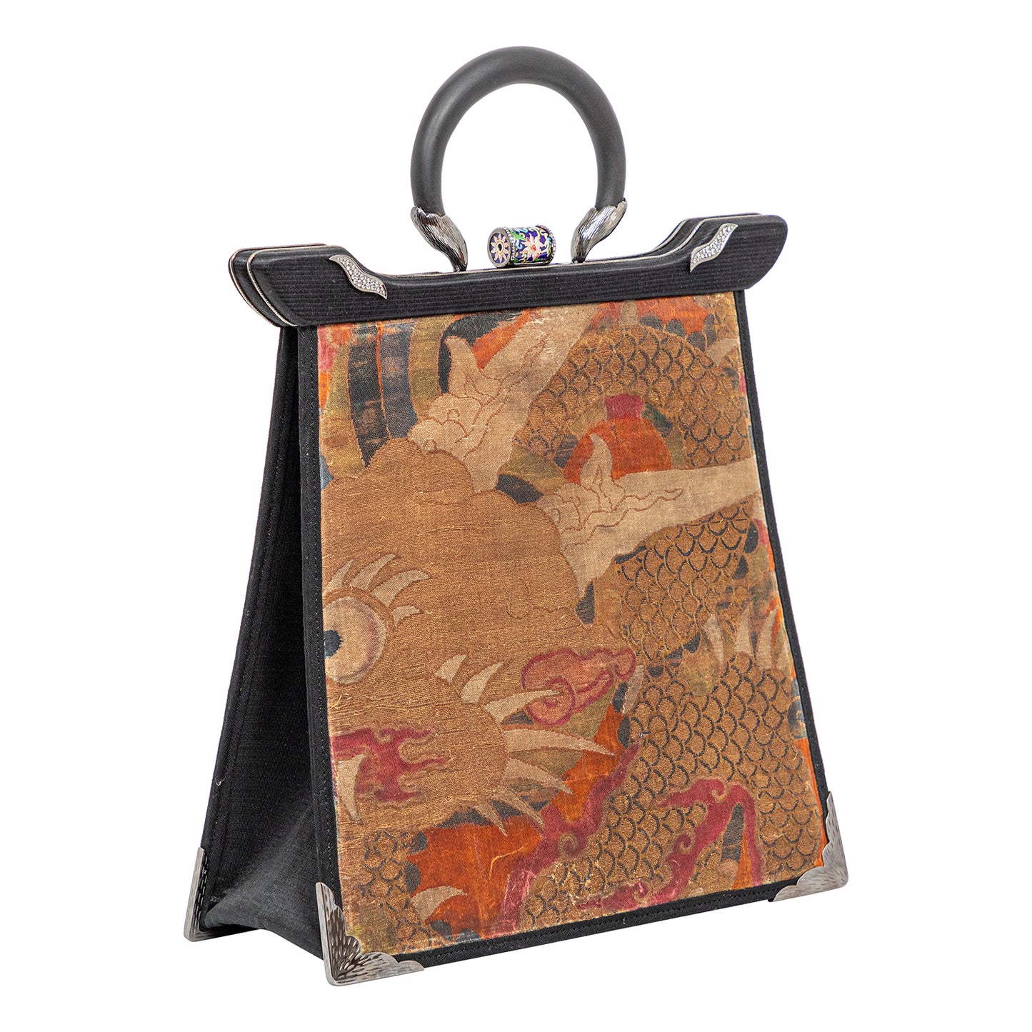 Antique Textile Handbag with Cloisonne, Diamond and Black Wood