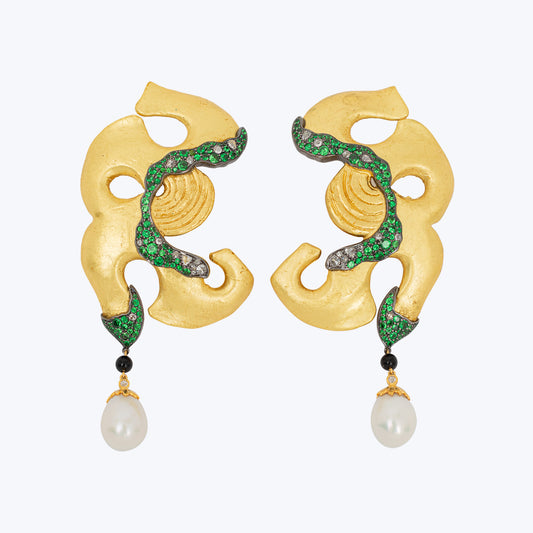 Coconut Earrings with Studded with Tsavorites, Diamonds and Pearls