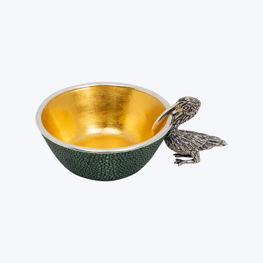Galuchat Bowl with Sterling Silver Pelican and Lined with Gold Leaf