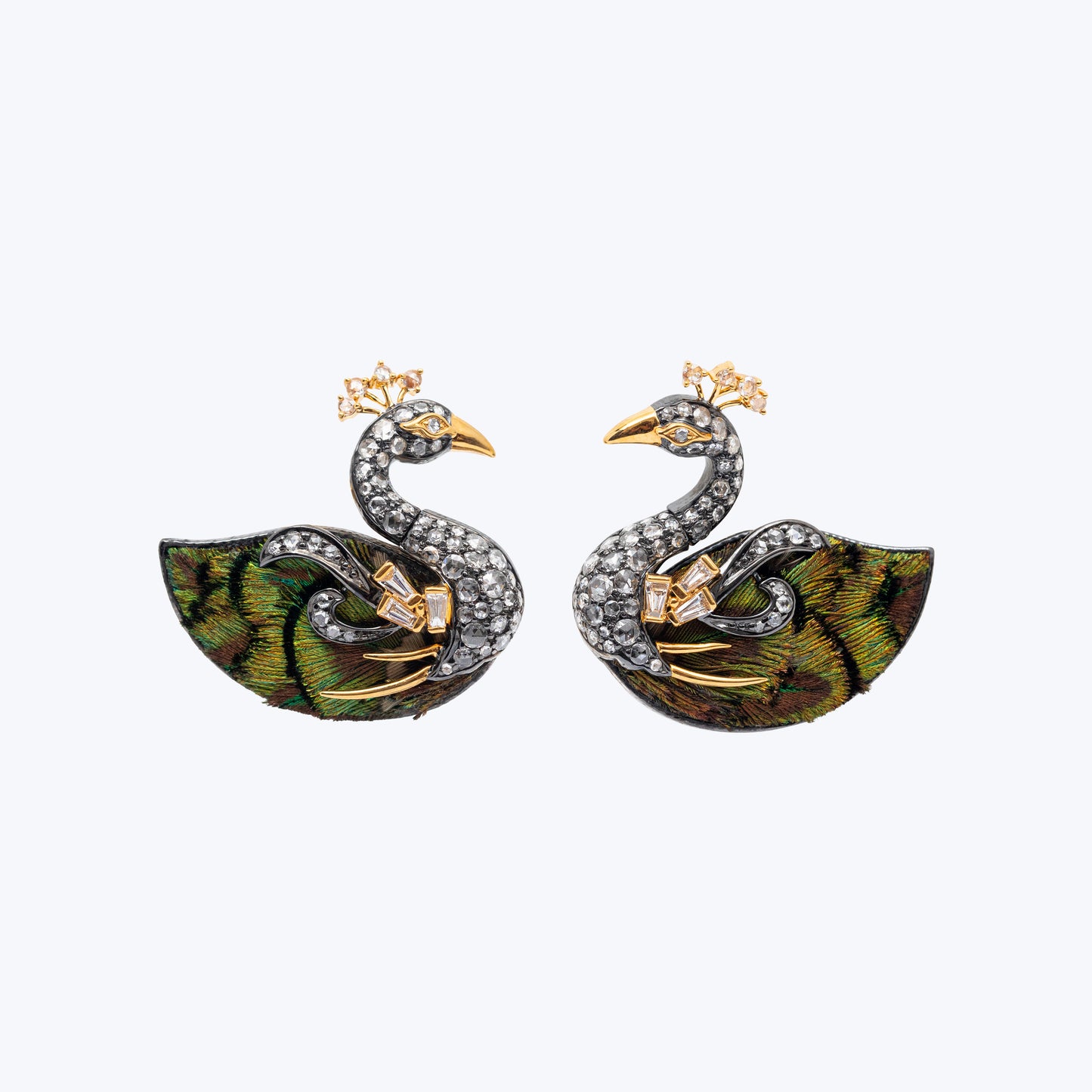 Graceful Diamond & Gold Gaze Peacock Earrings